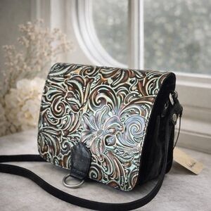 Patricia Nash Ilina Leather Floral Embossed Tooled Turquoise Crossbody Handbag